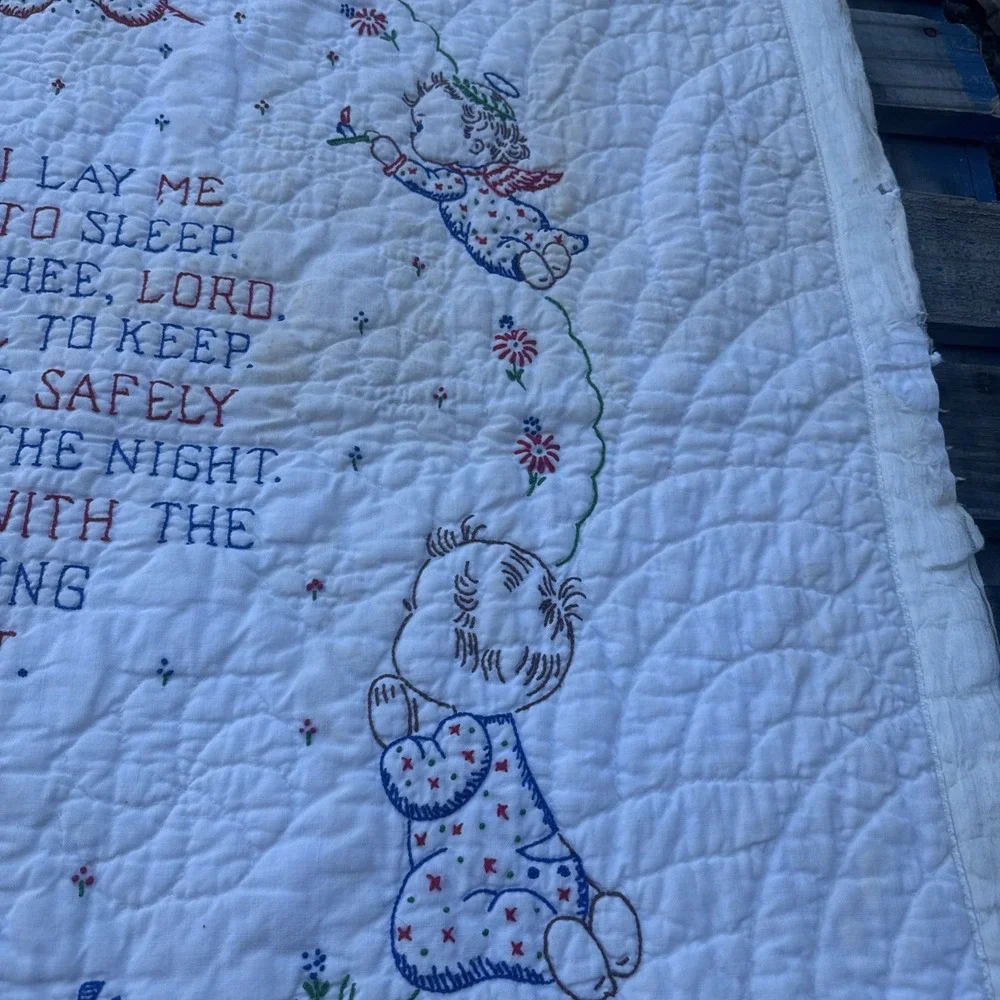 VTG Baby Crib Prayer Blanket 33x46 Angels Now I Lay Me Down To Sleep Embroidered